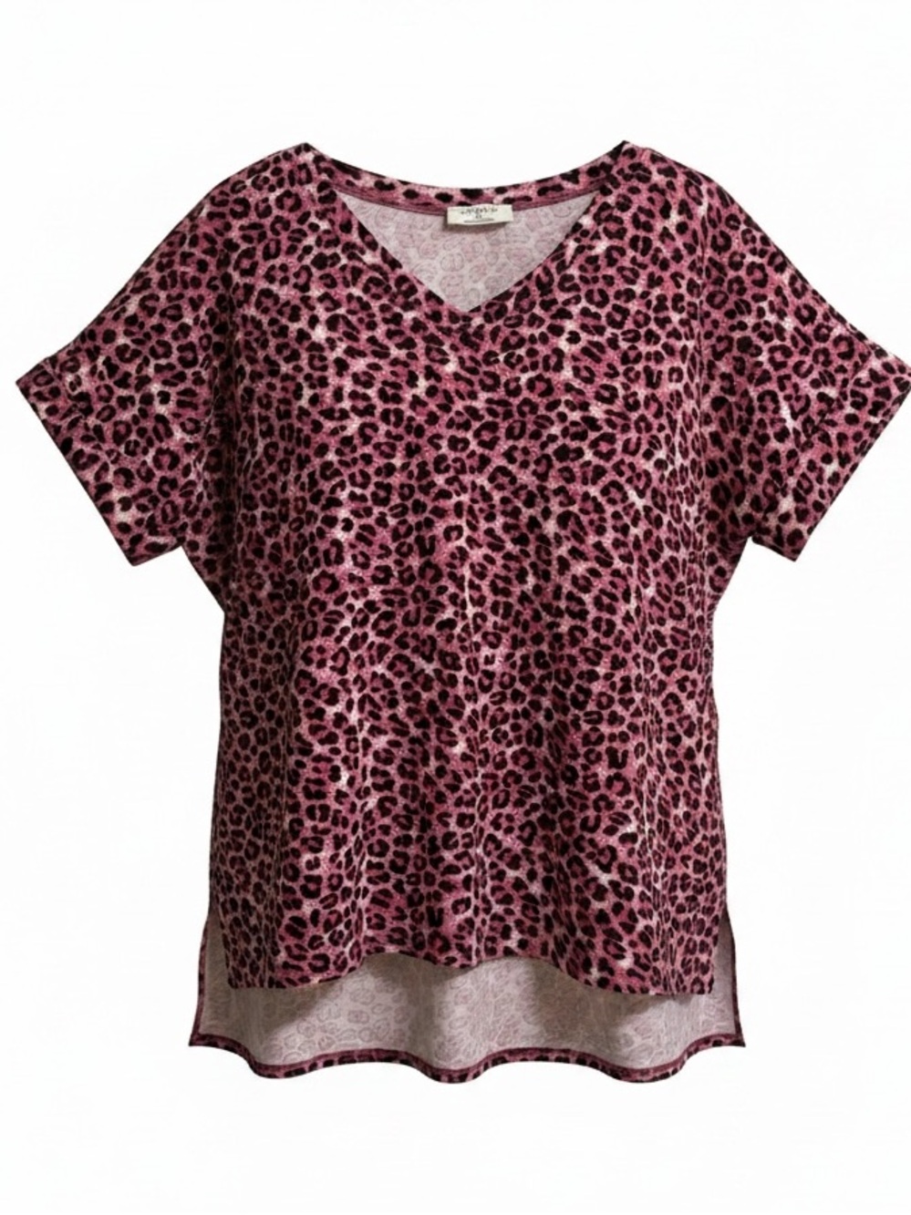 Zenana Pink Leopard Soft V-Neck Short Sleeve Top Sz 2X EUC